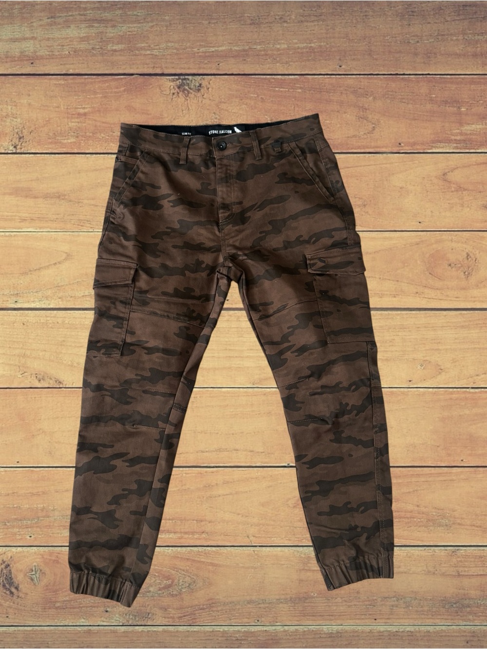 Stone Falcon Men's Brown Camo Cargo Joggers Pants, Slim Fit, Size 34
